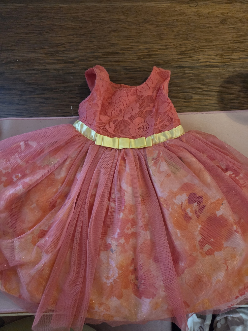 Sweet Heart Rose Pink Floral Lace Tulle Dress with Yellow Bow